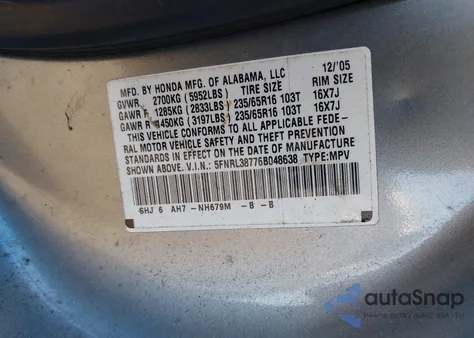 2006 Honda Odyssey Ex-L из США, поврежденный, VIN 5FNRL38776B048638